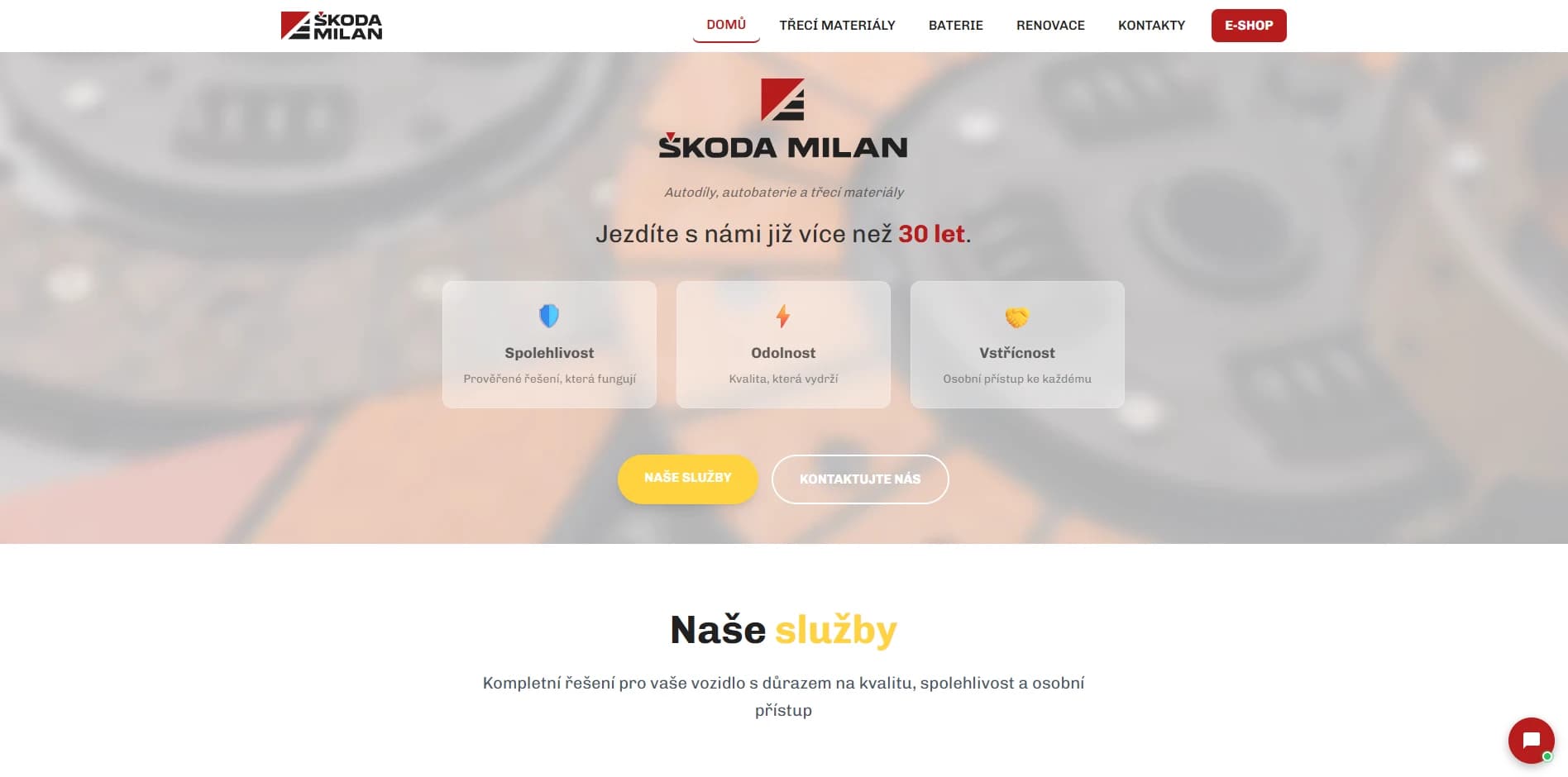 ŠKODA MILAN – úvodní stránka webu s nabídkou autodílů, autobaterií a třecích materiálů