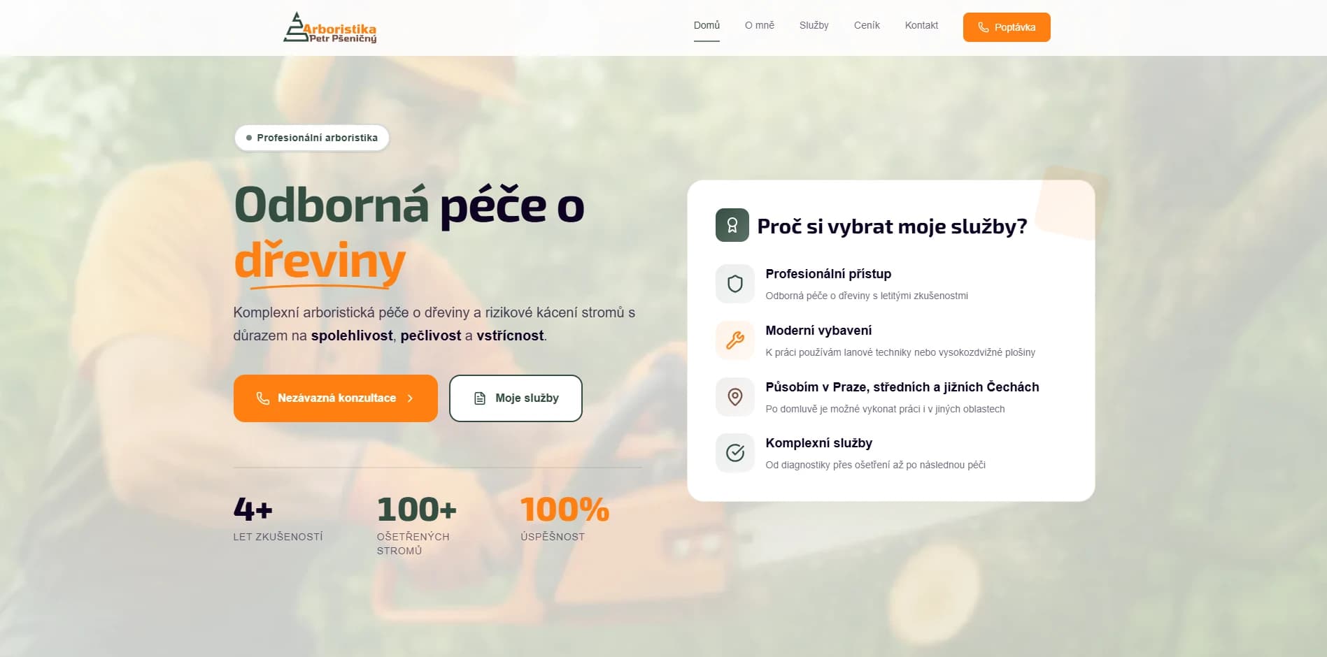 Arboristika Petr Pšeničný, úvodní stránka webu